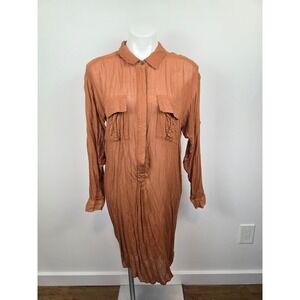 Free People Rust Brown Rayon Wool Button Front Crinkle Shirt Dress Women's Small